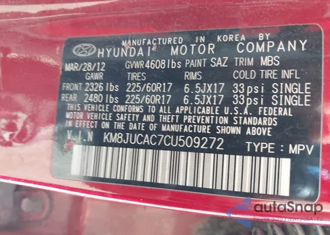 2012 Hyundai Tucson Gls from USA, damaged, VIN KM8JUCAC7CU509272